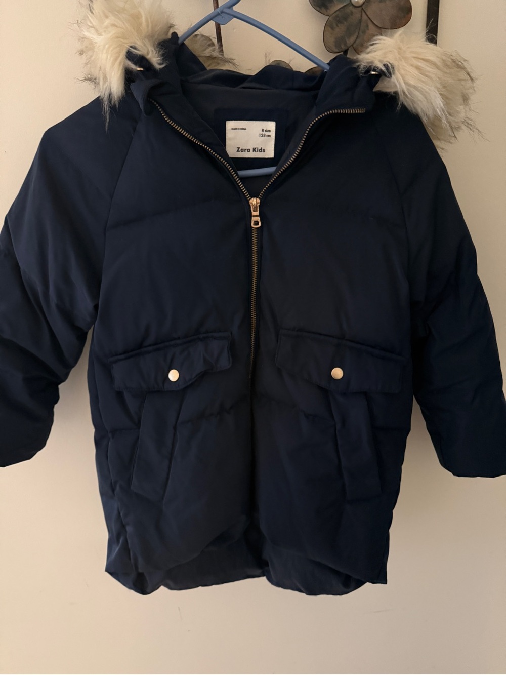 Zara Kids Navy Puffer Jacket with Faux Fur Trim